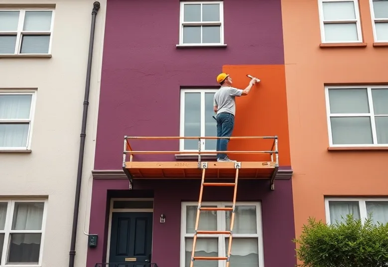 Peintre sur échafaudage traitant la façade d'une maison